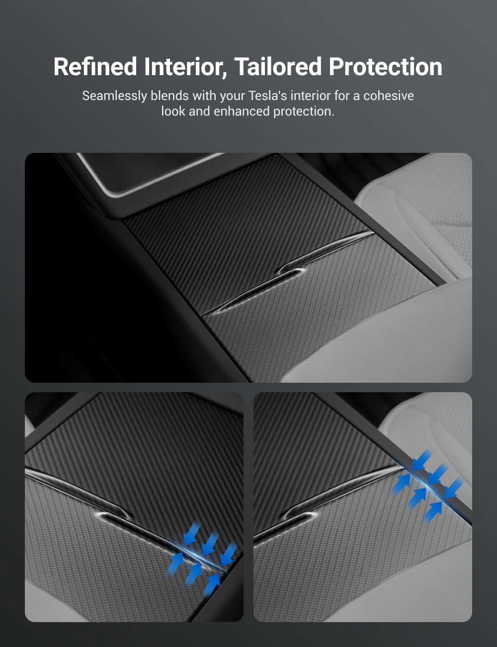 Dry Carbon Fiber Center Console Cover For Tesla Model Y Juniper / Model 3 Highland - Teskay