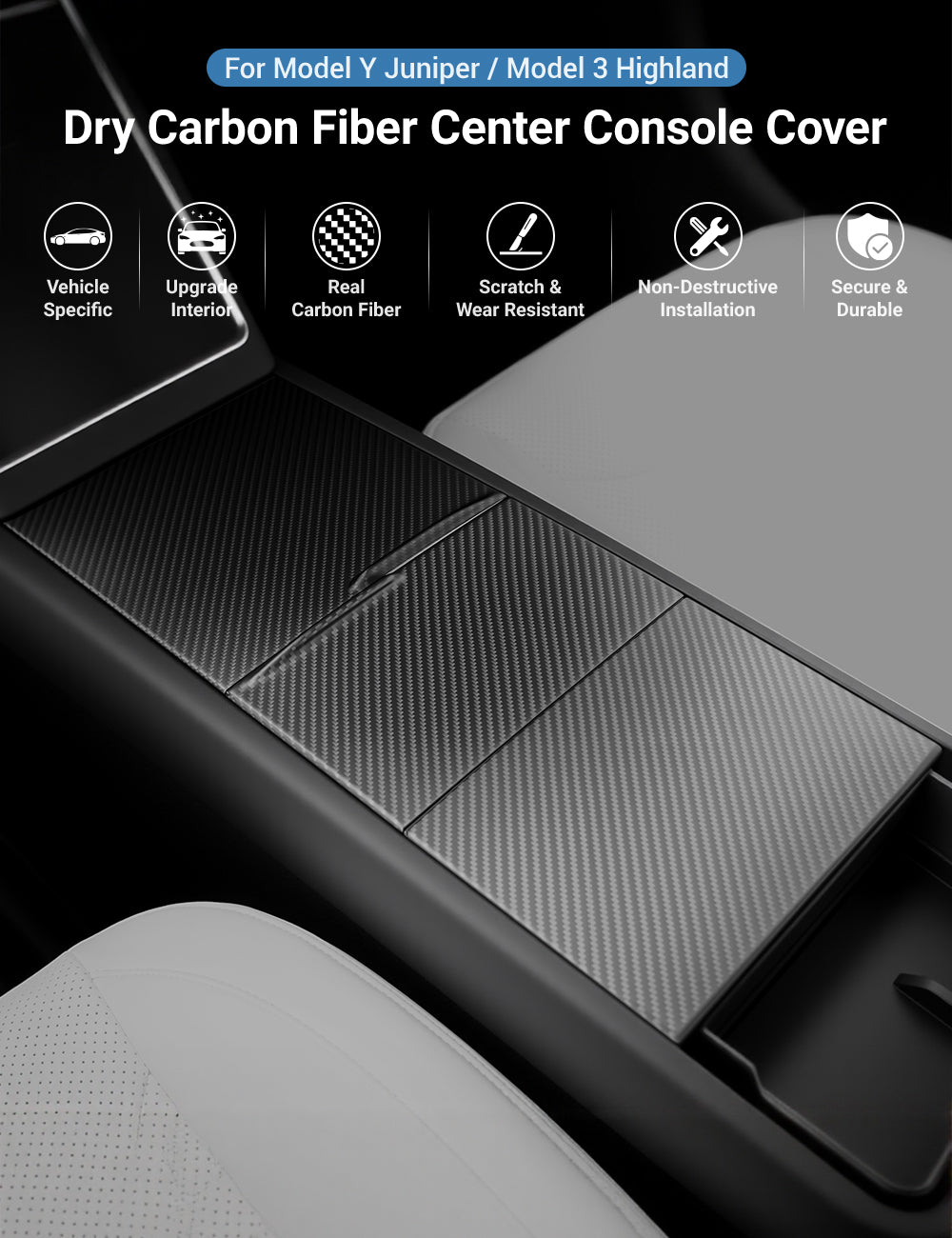 Dry Carbon Fiber Center Console Cover For Tesla Model Y Juniper / Model 3 Highland - Teskay