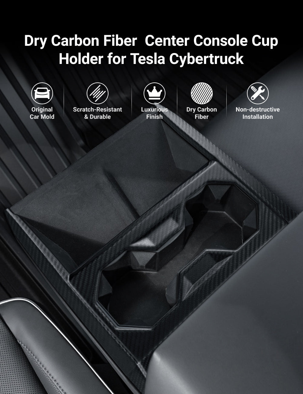 Dry Carbon Fiber Center Console Cup Holder for Tesla Cybertruck - Teskay