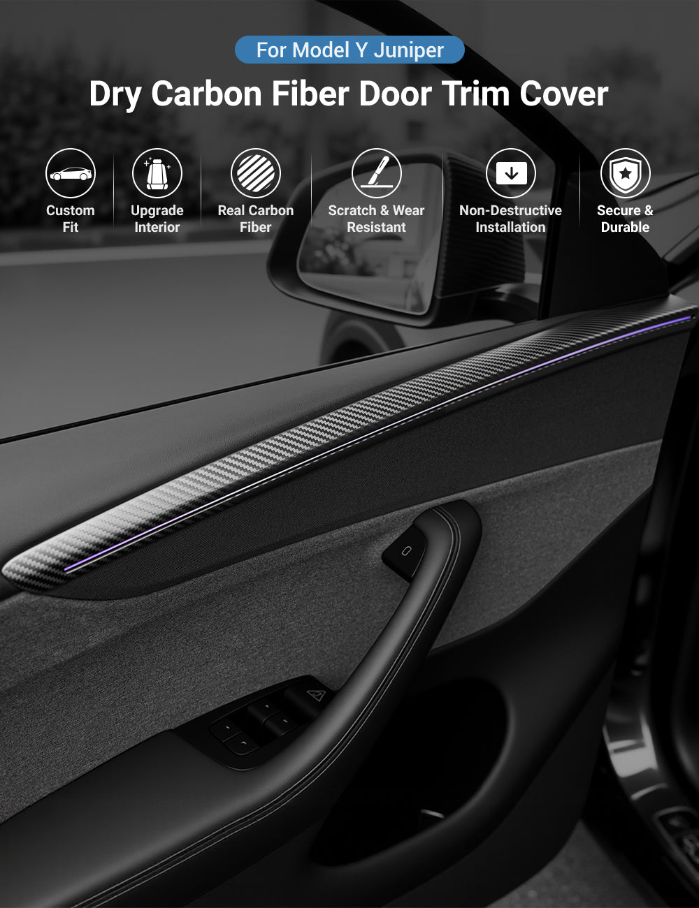 Dry Carbon Fiber Door Trim Cover for Tesla Model Y Juniper - Teskay