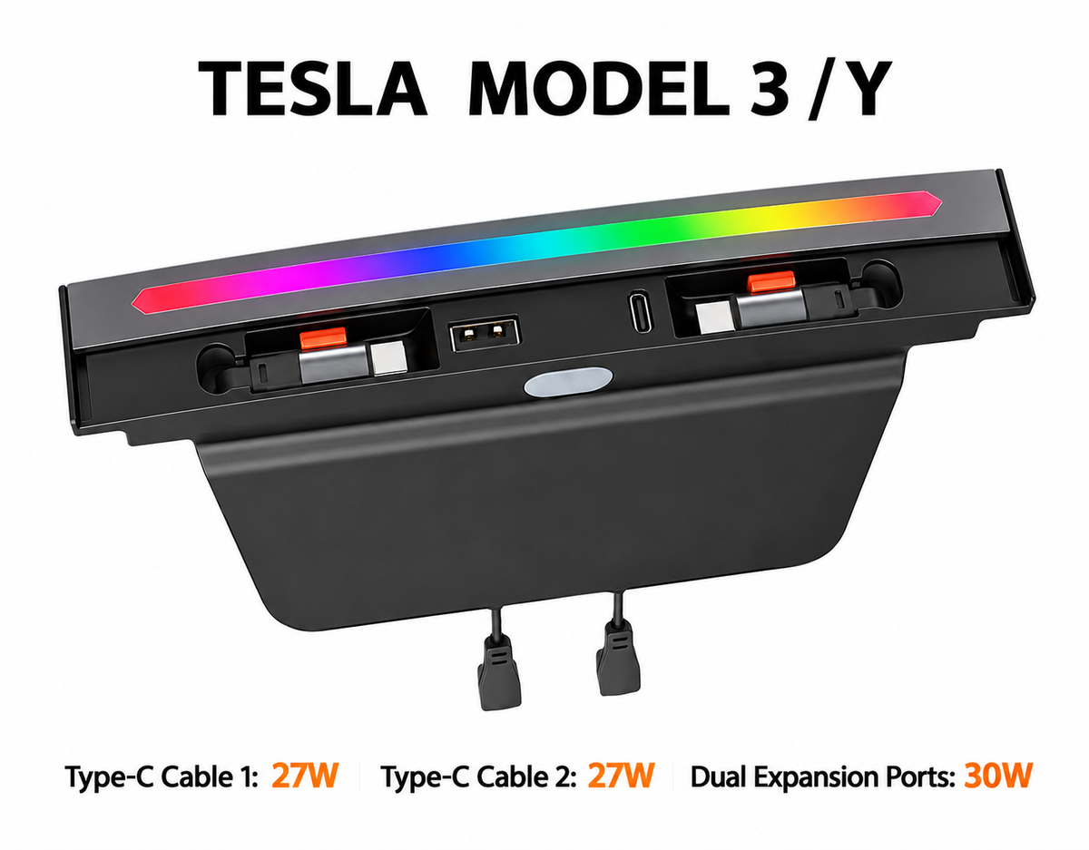 Center Console Ambient Light USB Hub Tesla Model Y Juniper / Model 3 Highland Type C + Type C