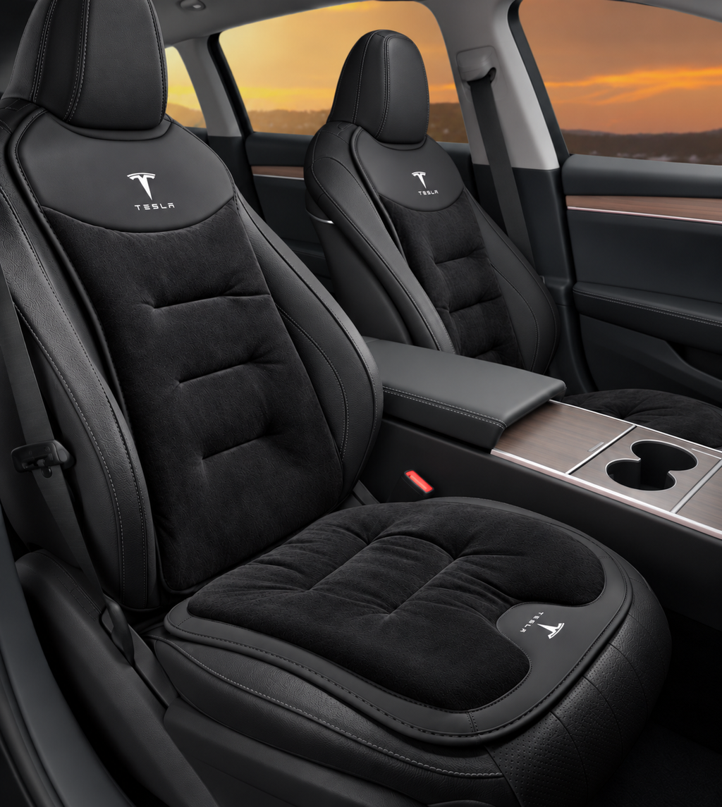 Winter Warm Flannel Seat Cushions & Backrest Covers for Tesla Model 3/Y/YL/S/X – Soft, Comfortable & Non-Slip Black Front row 4-piece set