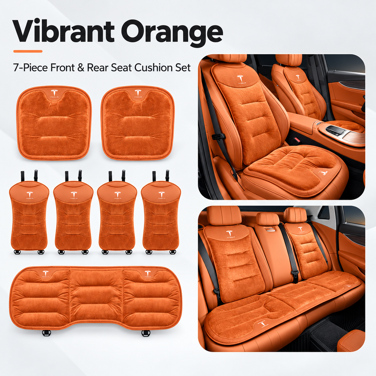 Winter Warm Flannel Seat Cushions & Backrest Covers for Tesla Model 3/Y/YL/S/X – Soft, Comfortable & Non-Slip orange 7-piece set for front and rear rows