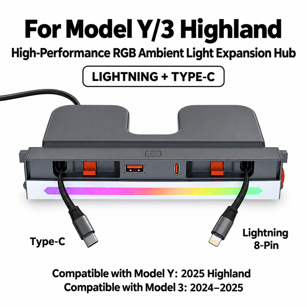 Center Console Ambient Light USB Hub Tesla Model Y Juniper / Model 3 Highland Lighting + Type C