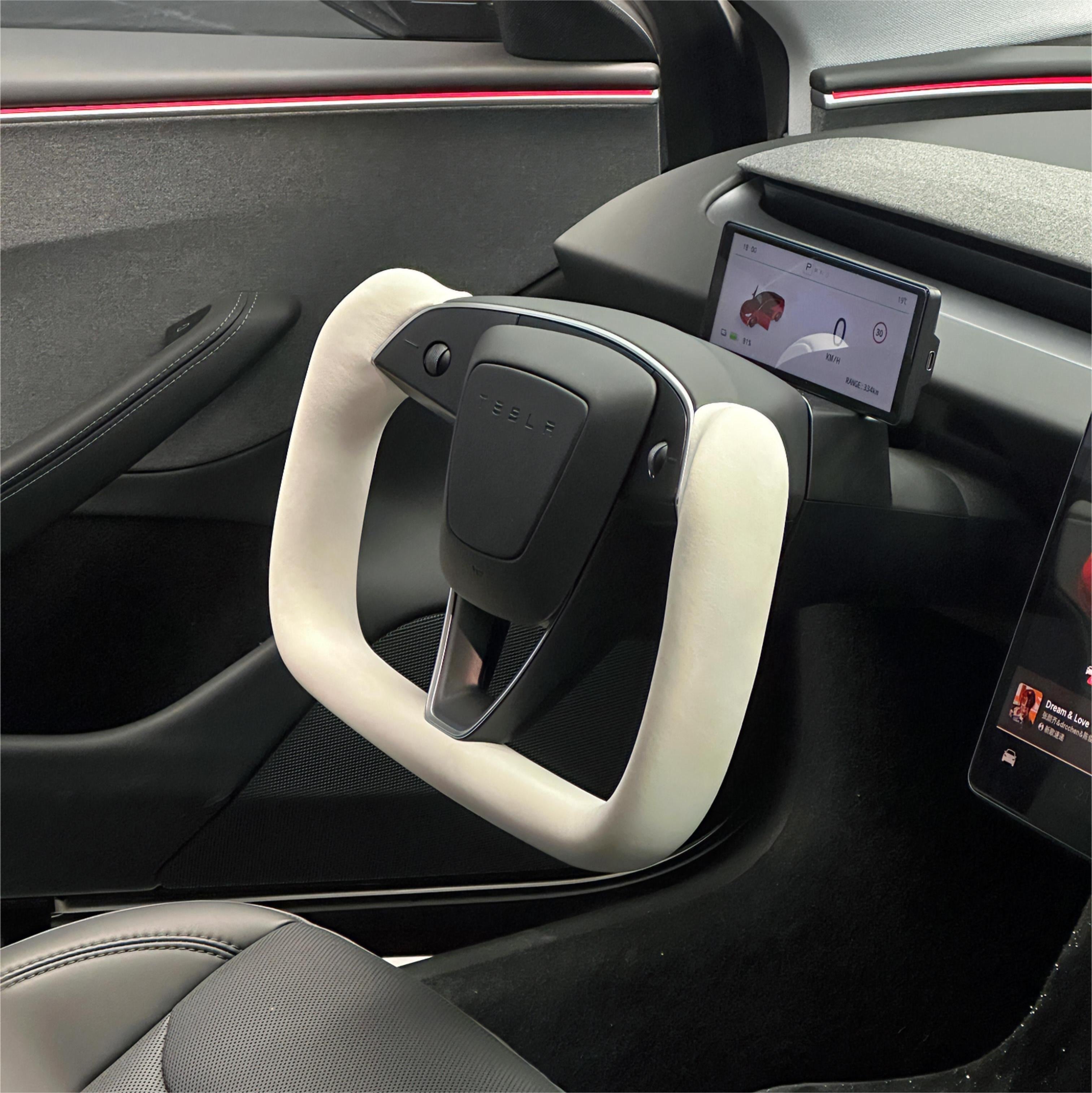 Juniper Yoke Plaid Steering Wheel for Model 3 Highland & Model Y（White Leather） - Teskay