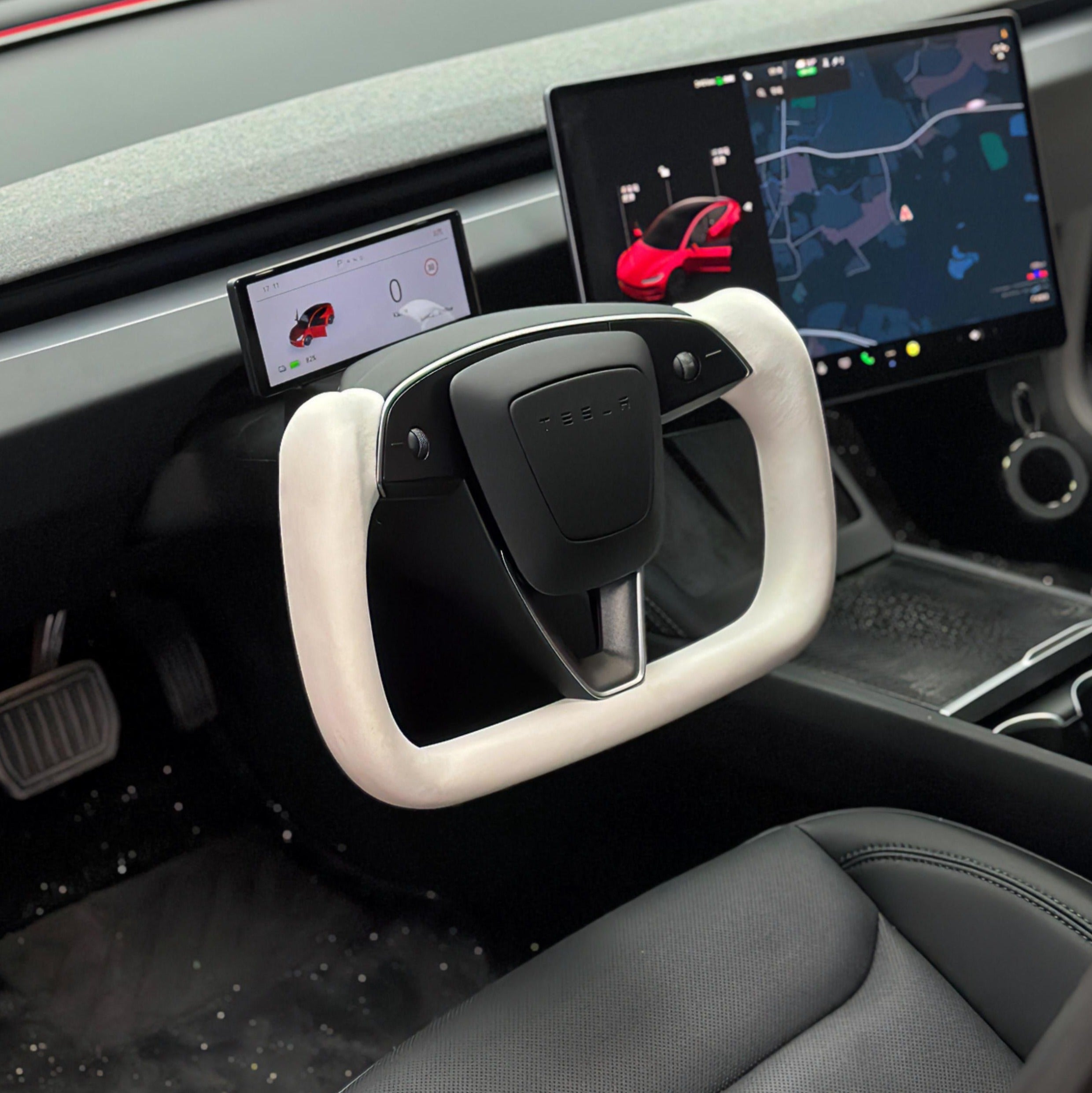 Juniper Yoke Plaid Steering Wheel for Model 3 Highland & Model Y（White Leather） - Teskay