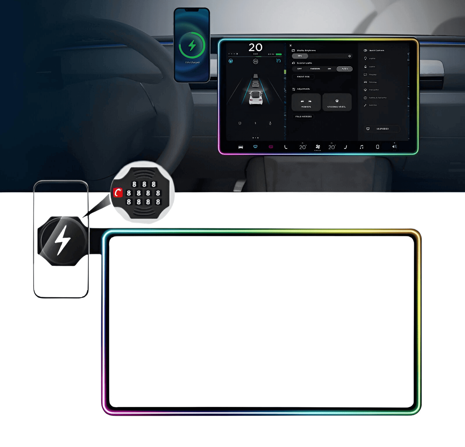 Model 3/Y Music-Synced RGB Ambient Lighting With Wireless Charging Phone Mount Model 3 2017-2023.10 & Model Y 2020-2025.3 Style 1【Wireless Charging*1】