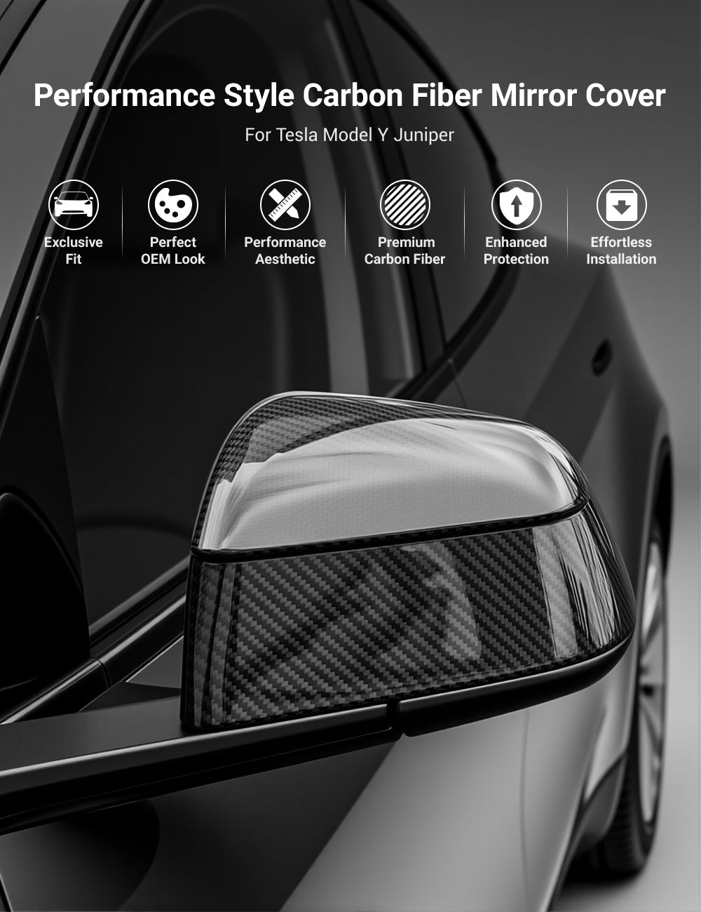 Tesla Model Y Juniper Dry Carbon Fiber Side Mirror Covers (OEM Style) - Teskay