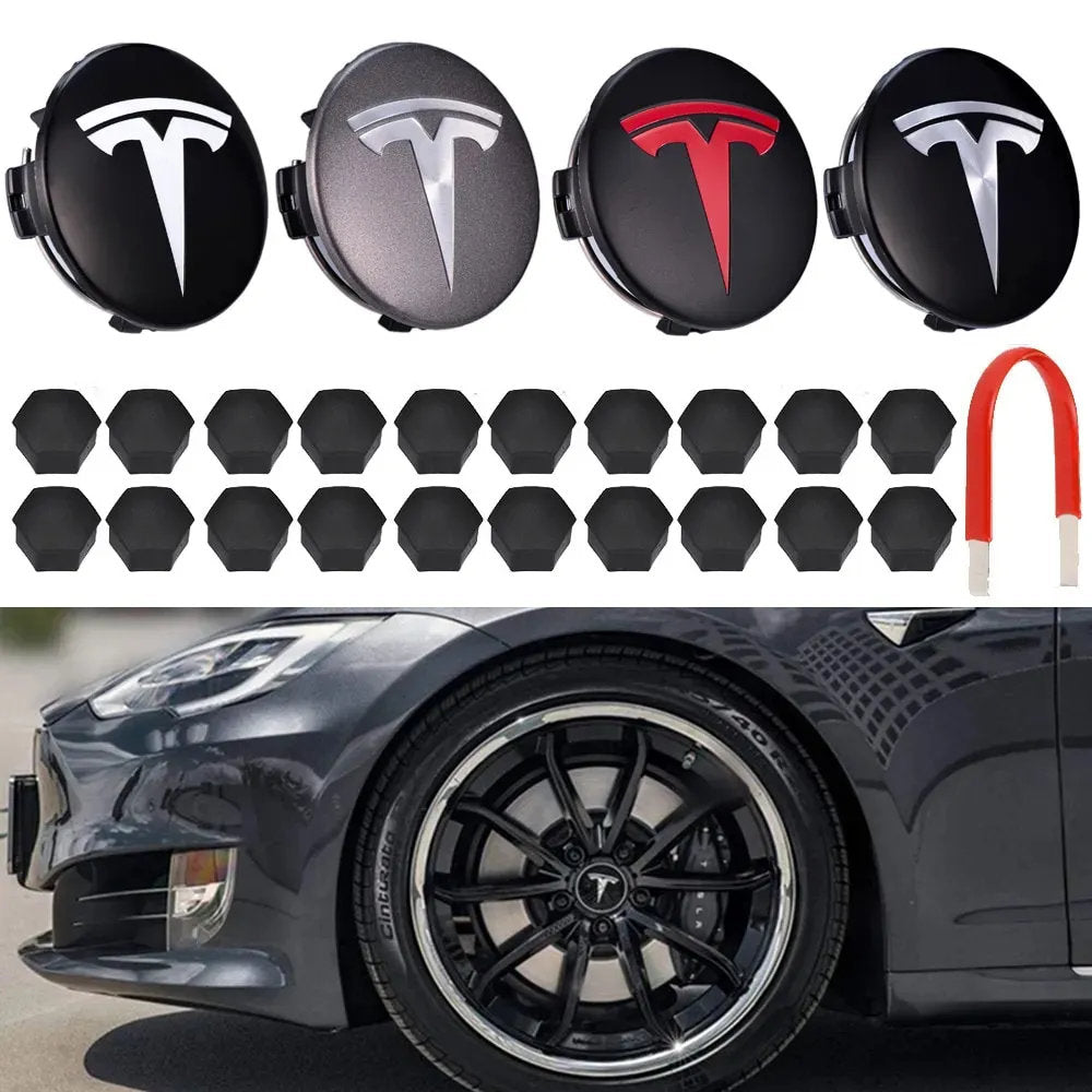 Tesla Center Cap Kit - Premium Aero Wheel Cover with Tesla Logo for Model S/3/X/Y (All Years) - ABS Plastic & Aluminum Plating