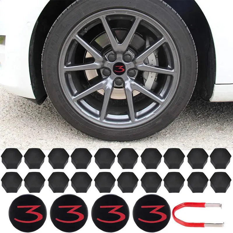 Tesla Model 3 Center Cap Kit (2017-2024) - Aero Wheel Cover Set w/ 3D Logo, Lug Nut Covers & Removal Tool-2
