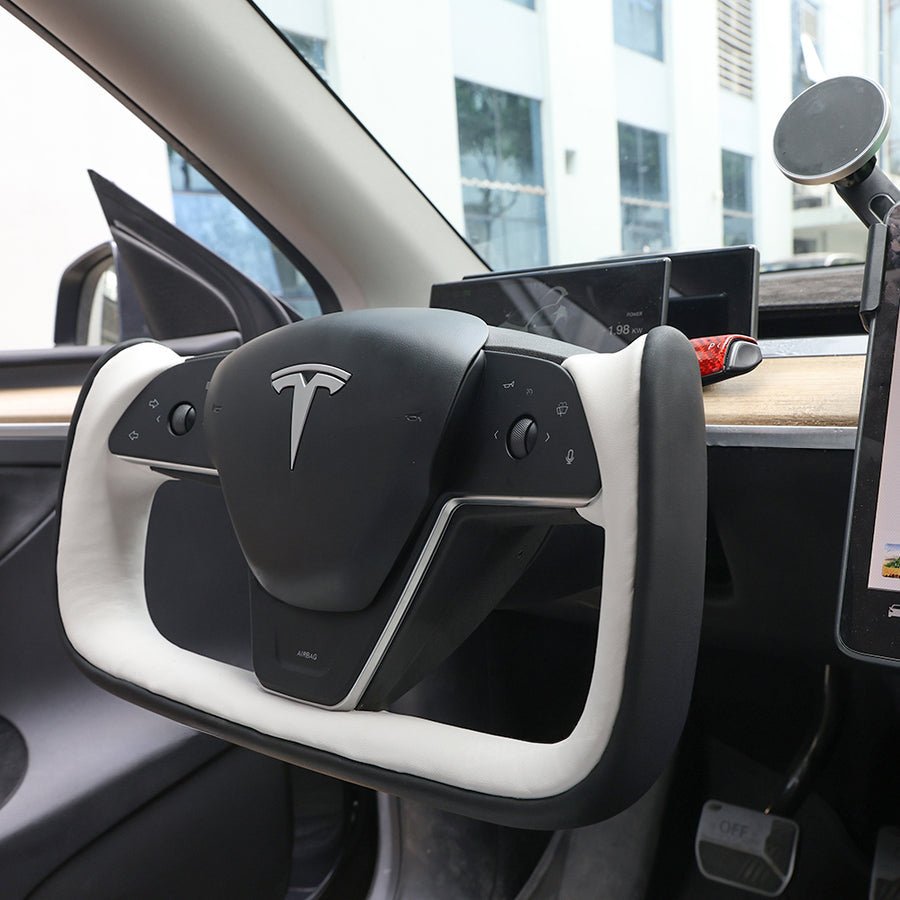 Yoke Style Steering Wheel for Model 3 / Y（Black & White Leather）- Teskay