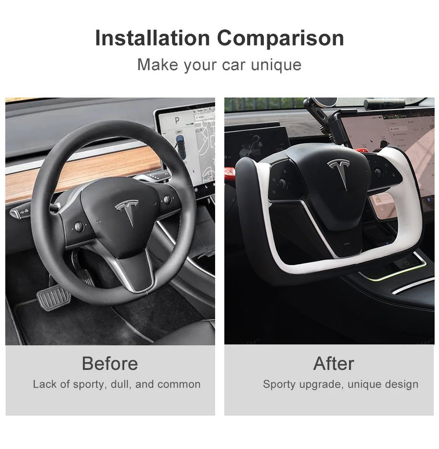 Yoke Style Steering Wheel for Model 3 / Y（Black & White Leather）- Teskay